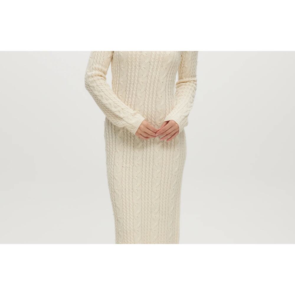 NWOT House of Harlow 1960 Pearl Embellished Wool Blend Sweater Dress Gray Small
